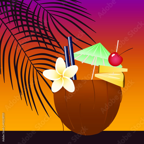 Tropical cocktail in coconut, decorated with flower and fruit at sunset. 
