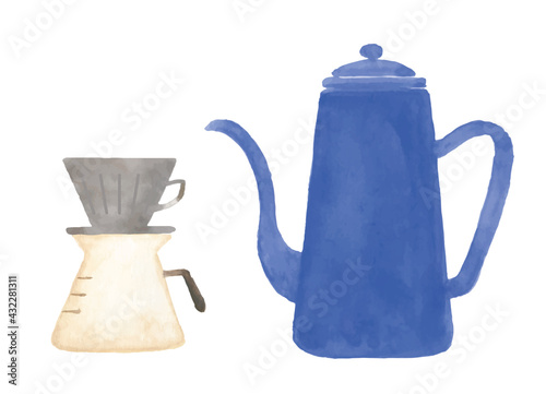 コーヒーポットとドリップコーヒーの手描きイラスト