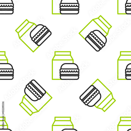 Line Online ordering and burger delivery icon isolated seamless pattern on white background. Vector Illustration