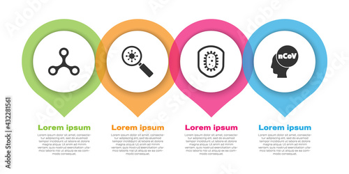 Set Virus, Virus under magnifying glass, Shield protecting from virus and Corona virus 2019-nCoV. Business infographic template. Vector