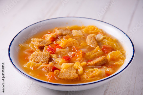 Menorcan soup. Traditional from the Balearic Islands, cooked with tomato, red pepper, cabbage, and bread.