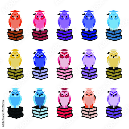 Owl on the books. Talisman of wisdom and knowledge. Set of multi-colored owls. Owl in a graduation cap.