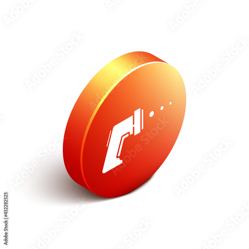 Isometric Digital contactless thermometer with infrared light icon isolated on white background. Orange circle button. Vector