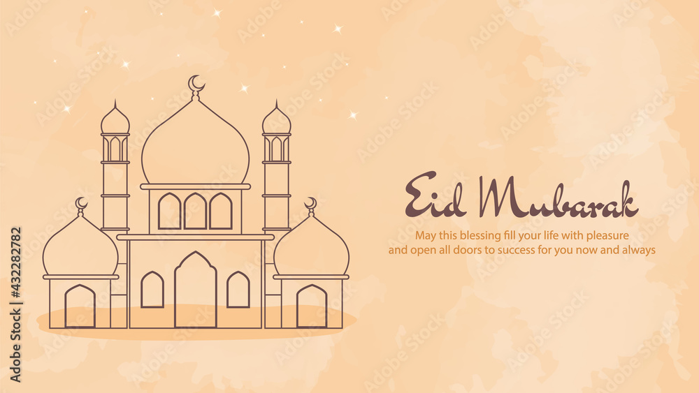 Flat orange Eid Mubarak banner template background design with cartoon mosque vector