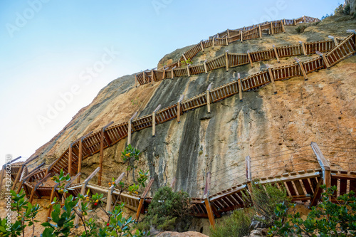 Vertiginous impressive hanging footbridges of Montfalco., Spain photo