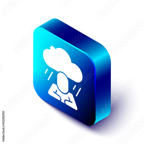 Isometric Depression and frustration icon isolated on white background. Man in depressive state of mind. Mental health problems. Blue square button. Vector