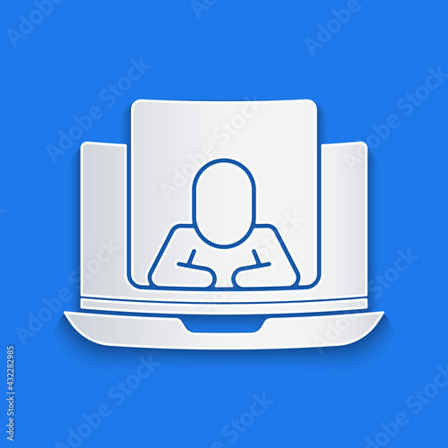 Paper cut Online psychological counseling distance icon isolated on blue background. Psychotherapy, psychological help, psychiatrist online consulting. Paper art style. Vector