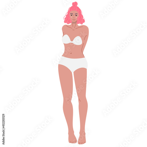 Pink-haired latina young woman vector portrait in full length