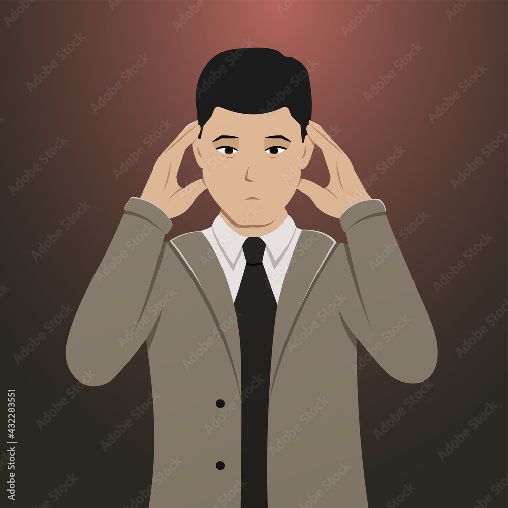 A person suffering from a headache. Vector illustration of a sad man holding his head with his hands. Upset guy.