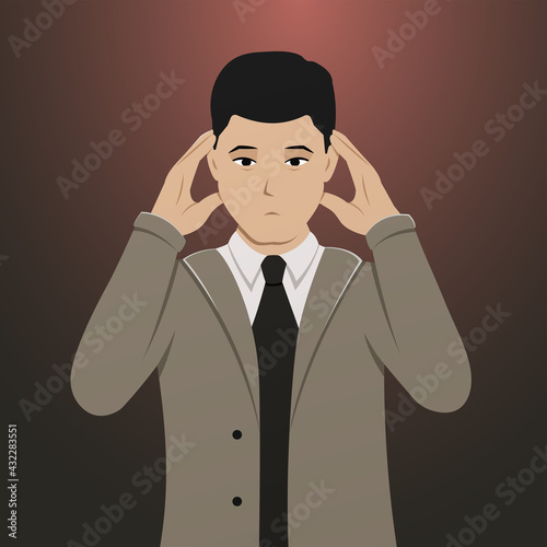 A person suffering from a headache. Vector illustration of a sad man holding his head with his hands. Upset guy.
