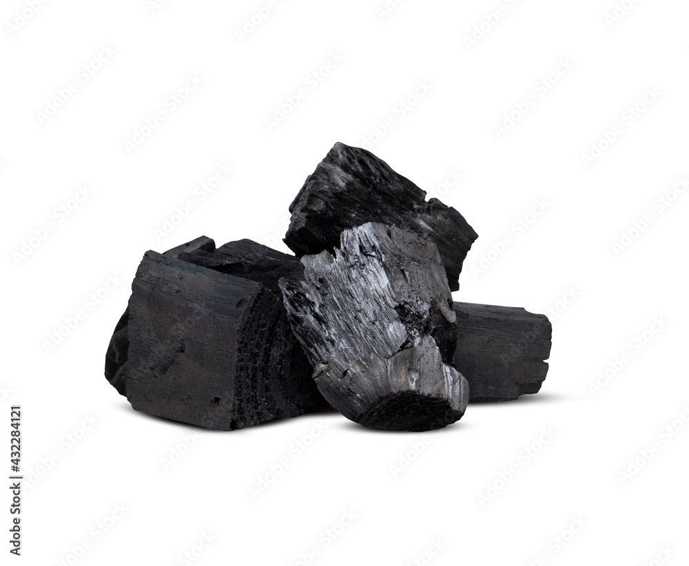 Heap of natural black activated charcoal granular or hard wood charcoal isolated on white background