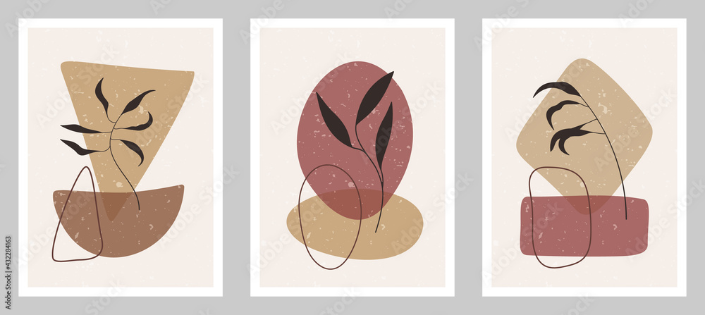 Set of abstract art nature backgrounds. Modern shape line art,  foliage, botanical, tropical leaves floral design for cover, wallpaper,  home decoration, wall art.