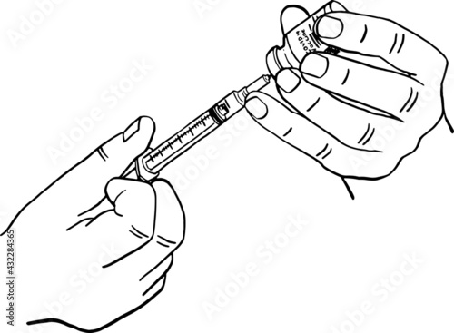 Hand hold medical syringe Vaccine vial injection Hand drawn illustration vector line