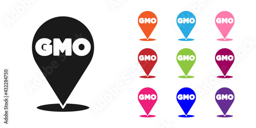 Black GMO icon isolated on white background. Genetically modified organism acronym. Dna food modification. Set icons colorful. Vector
