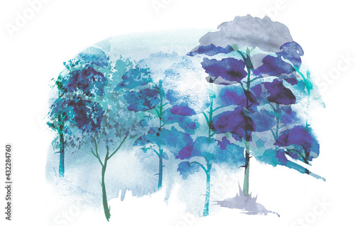 Watercolor landscape  picture. Picture of a pine forest  a blue silhouette of trees and bushes. Blue splash of paint.Abstract splash of paint  fashion illustration. night landscape  forest.