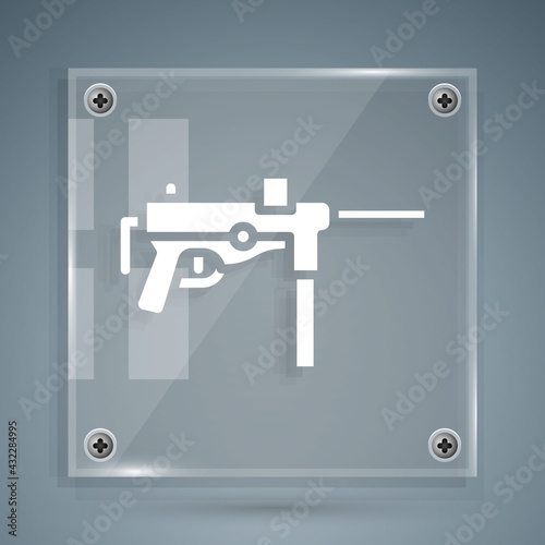 White Submachine gun M3, Grease gun icon isolated on grey background. Square glass panels. Vector