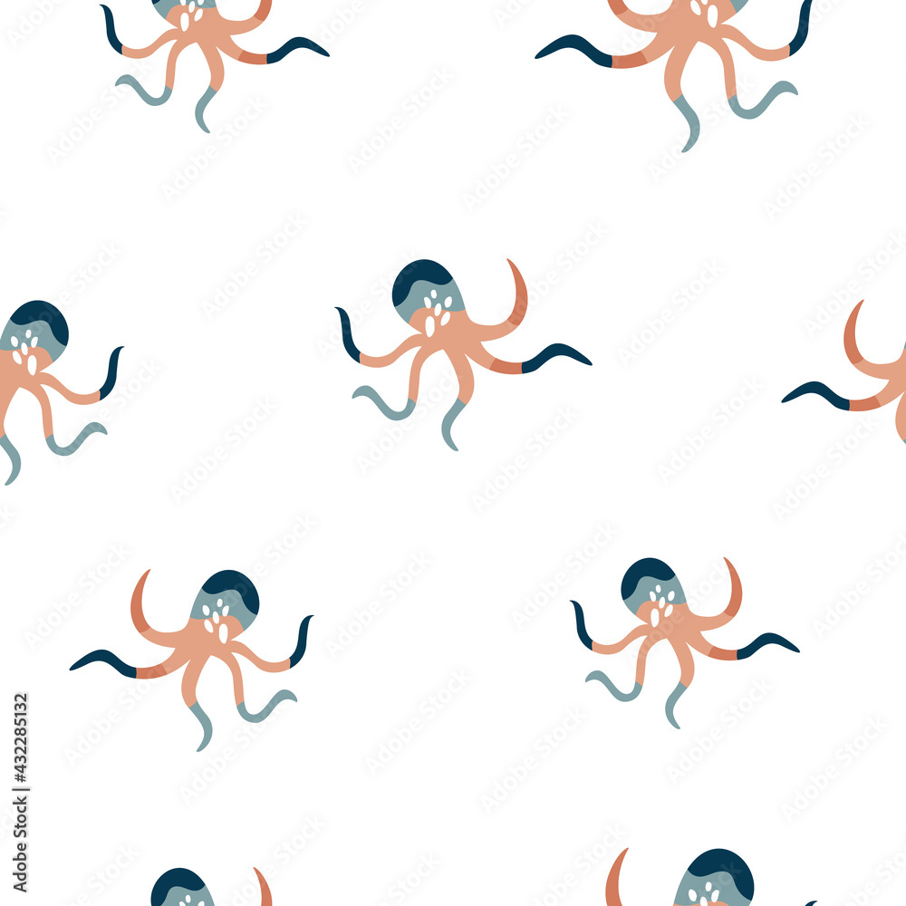 Abstract seamless pattern with colorful octopuses on white background