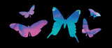 Butterfly watercolor. Pink, blue wings on white backgroud. Fly, isolated vector. Butterflies colorful collection. Butterfly swarm. Set ocolorful butterflies. Vector illustration. Spring and summer.