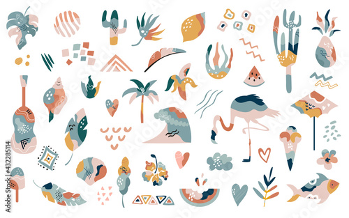 Big collection of hand drawn summer boho elements,