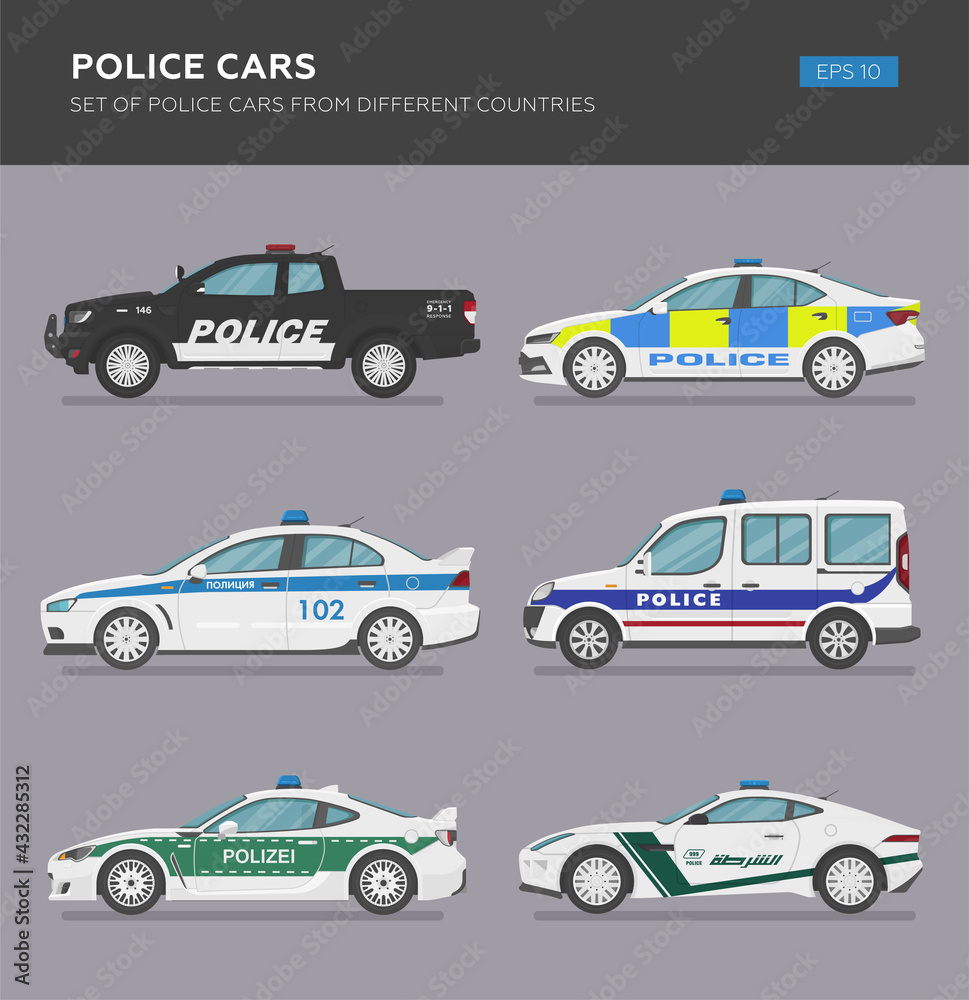 Set of isolated police cars. Flat illustration, icon for graphic and web design. Side view on grey background. Translation: police.