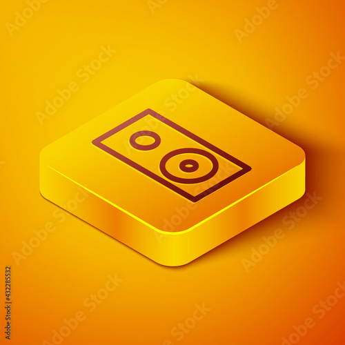 Isometric line Stereo speaker icon isolated on orange background. Sound system speakers. Music icon. Musical column speaker bass equipment. Yellow square button. Vector Illustration