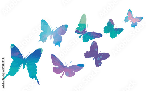 Butterfly watercolor. Blue  marine wings on white backgroud. Fly  isolated vector. Butterflies colorful collection. Butterfly swarm. Set ocolorful butterflies. Vector illustration. Spring and summer.