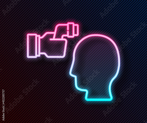 Glowing neon line Digital contactless thermometer with infrared light for medical examination icon isolated on black background. Checking body temperature. Vector