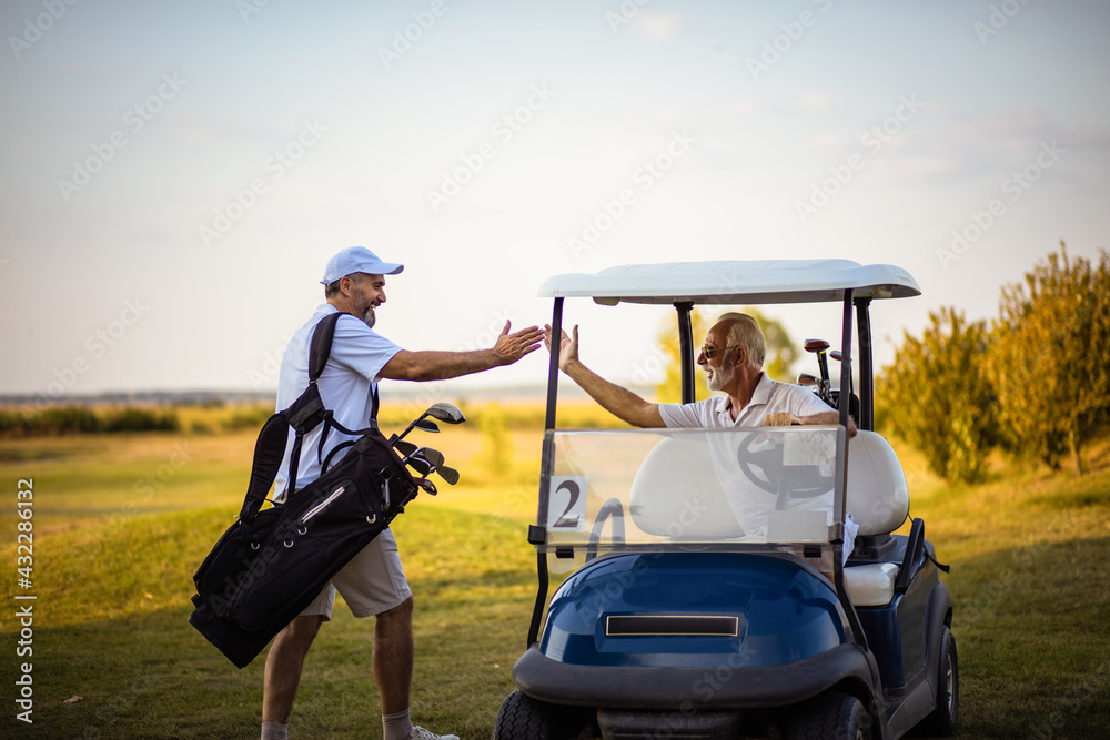 Naklejka premium Two senior men golfers on court. Man sitting in golf cart.