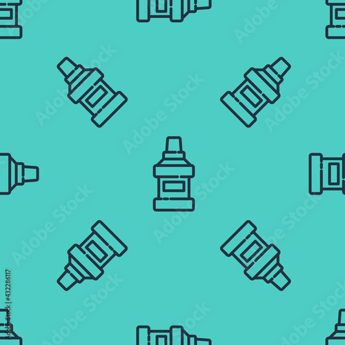 Black line Mouthwash plastic bottle icon isolated seamless pattern on green background. Liquid for rinsing mouth. Oralcare equipment. Vector