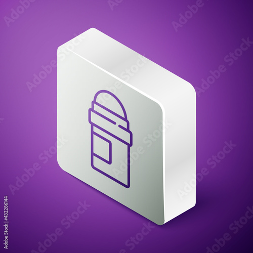 Isometric line Antiperspirant deodorant roll icon isolated on purple background. Cosmetic for body hygiene. Silver square button. Vector