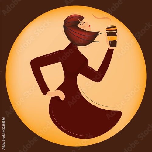 Portrait of a stylish woman drinking coffee. Glamorous ambitious girl with a paper cup in a free pose. Emblem for coffee houses, bars, taverns. Vector isolated on dark background. Flat cartoon style.