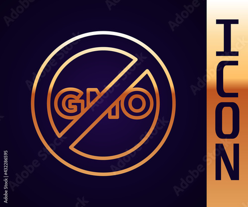 Gold line No GMO icon isolated on black background. Genetically modified organism acronym. Dna food modification. Vector