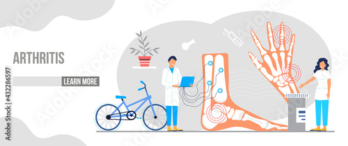 Rheumatoid arthritis of the foot. Tiny doctors treat rheumatism, osteoarthritis, make ultrasound, x ray. World arthritis day in October. Flat concept vector for landing page, banner