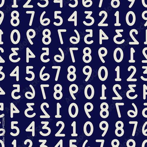 Counting number with mirrored order, black and white seamless vector pattern design. Suited for web, background, textile, and wrapping paper.