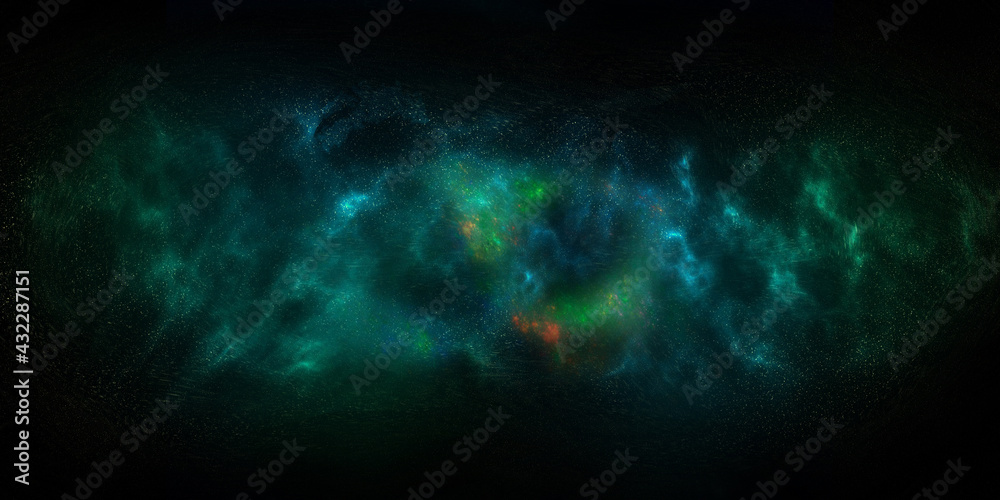 Green and blue space background with nebula and stars. Environment 360 HDRI map. Equirectangular projection, spherical panorama. 3d illustration. Colorful outer space