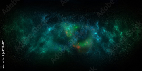 Green and blue space background with nebula and stars. Environment 360 HDRI map. Equirectangular projection, spherical panorama. 3d illustration. Colorful outer space