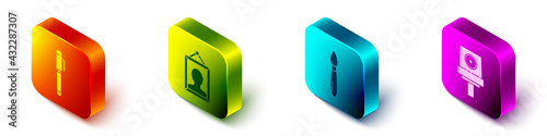 Set Isometric Pen, Picture, Paint brush and Spray can nozzle cap icon. Vector