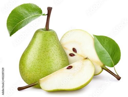 Pear fruit with pear leaf isolated on white background. Pear clipping path. Professional studio macro shooting