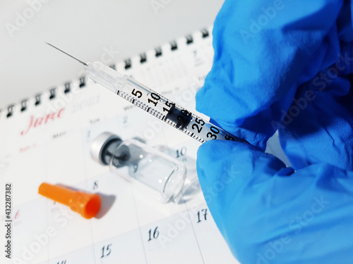 Covid-19 Coronavirus Vaccine. Hand wearing glove, holding a vial and syringe photo