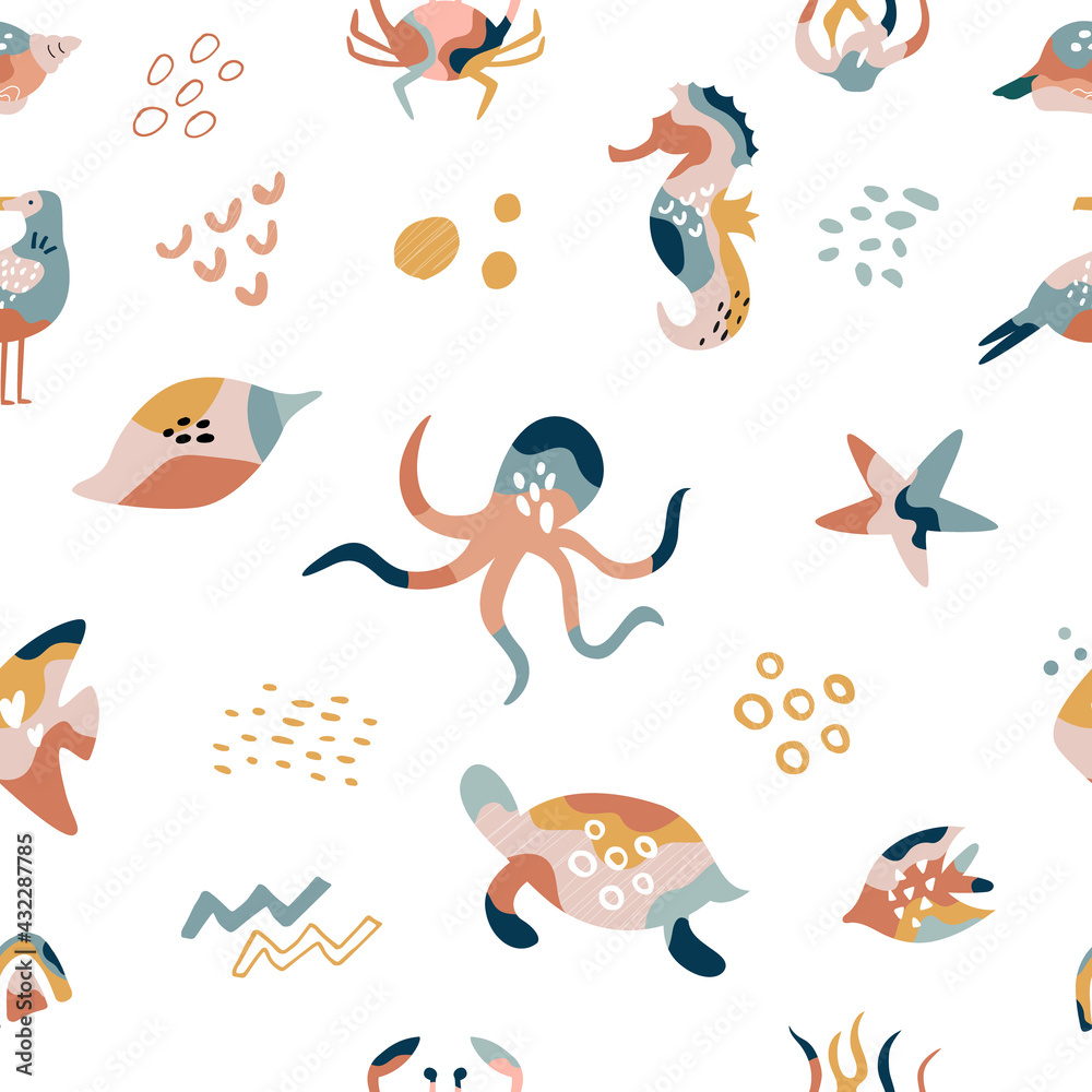 Naklejka premium Bohemian summer seamless pattern with holiday icons, abstract shapes