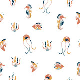 Abstract seamless pattern with colorful fishes, jellyfishes on white background