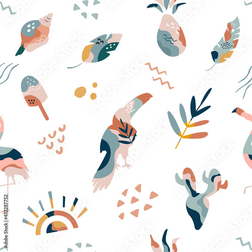 Bohemian summer seamless pattern with holiday icons, abstract shapes