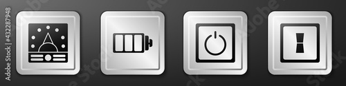 Set Ampere meter, multimeter, voltmeter, Battery charge level indicator, Electric light switch and Electric light switch icon. Silver square button. Vector