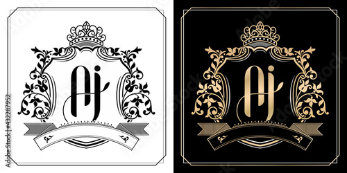 AJ royal emblem with crown, set of black and white labels, initial letter and graphic name of floral designs, AJ Monogram, for insignia, badge, emblem initial letter frames border, wedding couple name