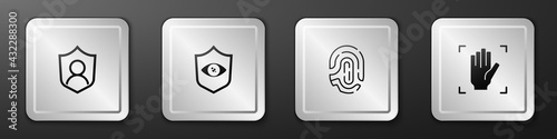 Set User protection, Shield eye scan, Fingerprint and Palm recognition icon. Silver square button. Vector