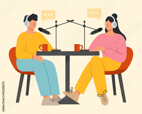 Couple radio hosts sitting with headphones and microphones recording audio podcast in studio. Concept of radio broadcasting. Flat vector illustration.
