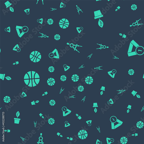 Set Drawing compass, Plant pot, Basketball ball and Medal on seamless pattern. Vector