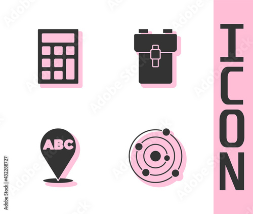 Set Solar system, Calculator, Alphabet and School backpack icon. Vector