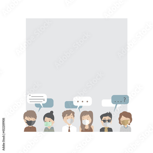 Blank space with people wearing facial mask talk to each other, flat design characters, modern businessman, talking with speech bubbles on their heads