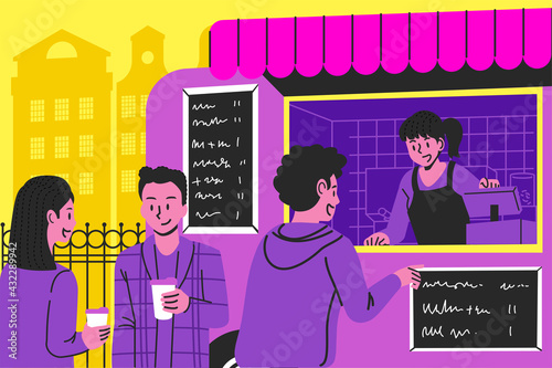 illustration of situation people buy coffee at food and drink truck on the street. Meeting of people in a festival.